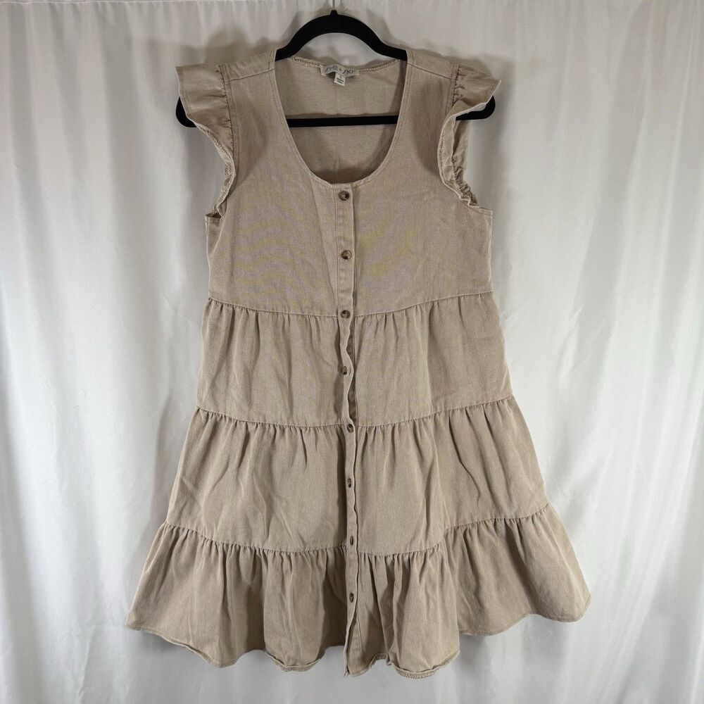 She + Sky Mini Dress Women's Small Tan Button Up Flutter Sleeve Tiered